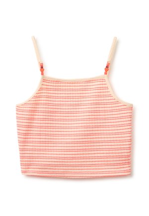 Top court sans manches rayé horizontal rose et beige avec fines bretelles ajustables et petites perles rouges en forme de cœur sur les bretelles.