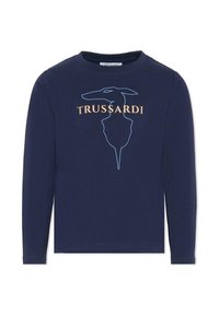 Chemise à manches longues bleu marine avec un logo Trussardi bleu et or, présentant une silhouette graphique de tête de chien. Confectionnée en tissu doux, à col ras du cou.