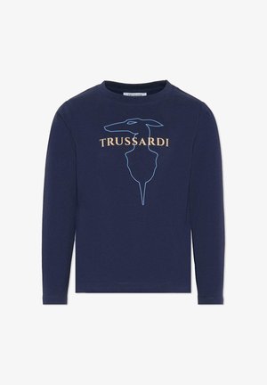 Maglietta a maniche lunghe di colore navy con un logo Trussardi blu e oro e una sagoma grafica della testa di un cane. Realizzata in tessuto morbido, design con colletto rotondo.