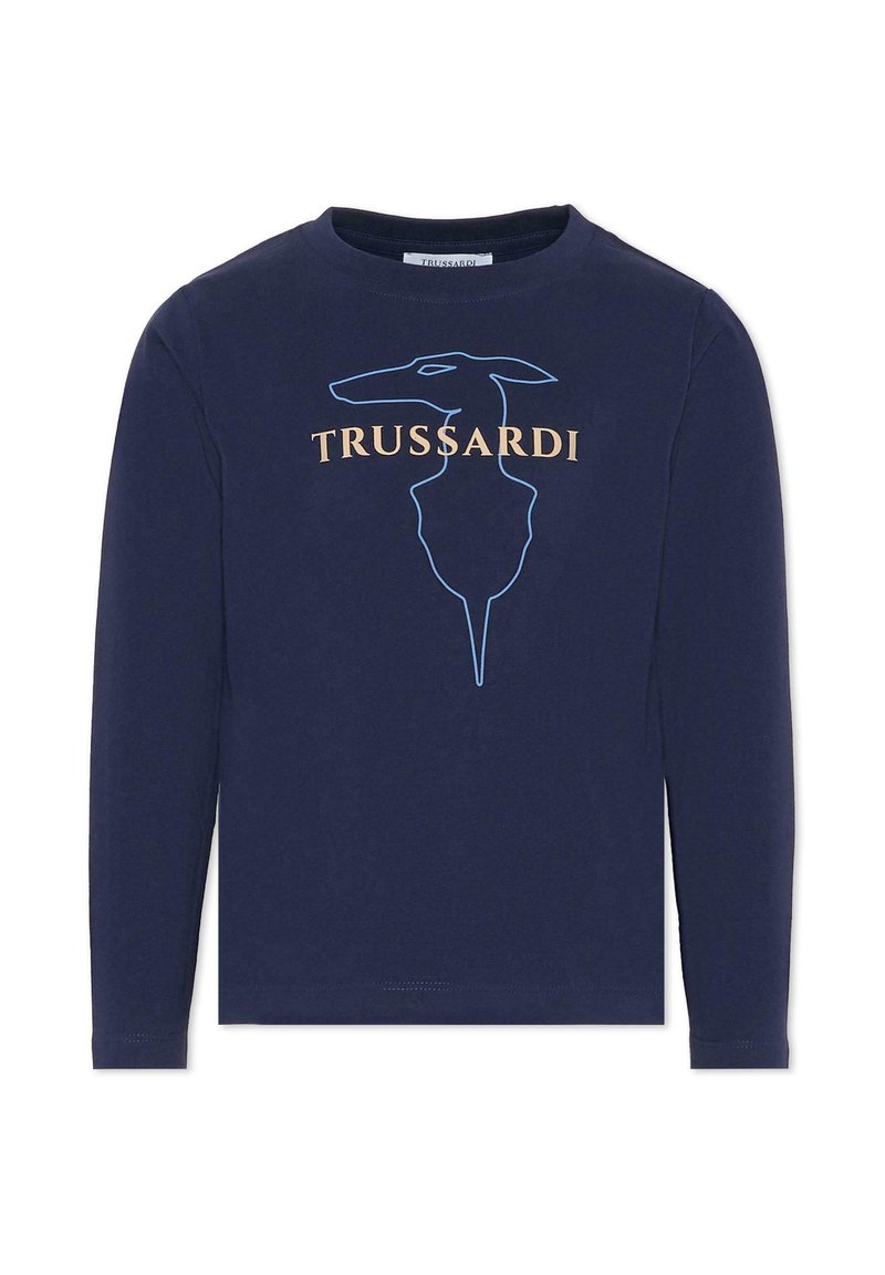 Chemise à manches longues bleu marine avec un logo Trussardi bleu et or, présentant une silhouette graphique de tête de chien. Confectionnée en tissu doux, à col ras du cou.