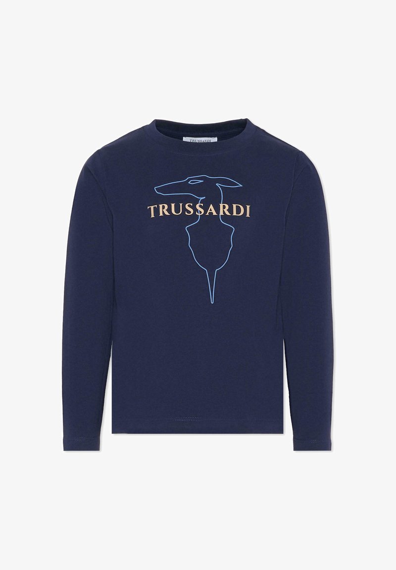 Granatowa koszula z długim rękawem z niebiesko-złotym logo Trussardi zawierającym graficzny kontur psa. Wykonana z miękkiego materiału, z okrągłym dekoltem.