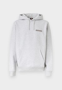 Φωτεινό γκρι φούτερ με κουκούλα, τσέπη εμπρός, κορδόνι ρύθμισης κουκούλας, ριμπ μανσέτες και λογότυπο "DICKIES" στο αριστερό στήθος.