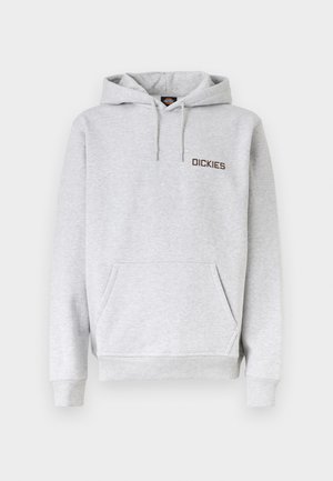 Hellgrauer Kapuzenpullover mit Fronttasche, Kordelzugkapuze, gerippten Bündchen und "DICKIES"-Logo auf der linken Brust.