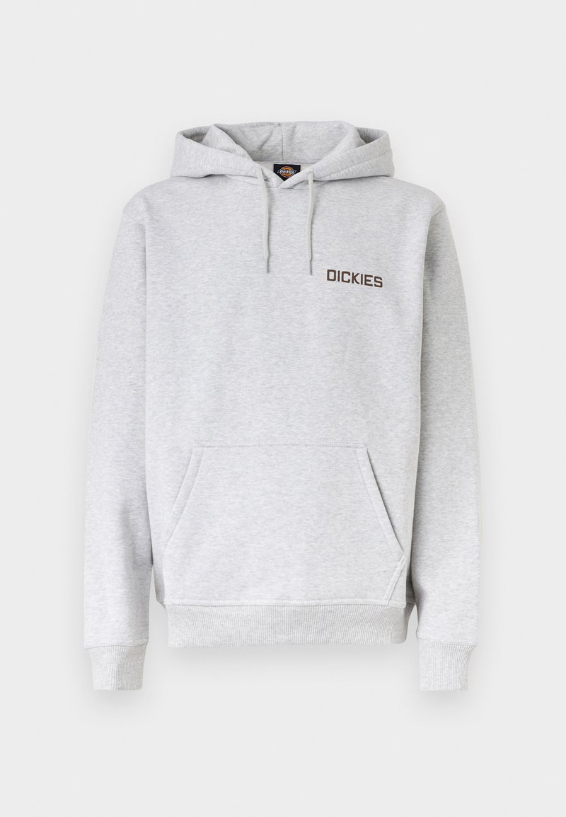 Felpa con cappuccio grigio chiaro con tasca frontale a marsupio, cappuccio con coulisse, polsini a costine e logo "DICKIES" sul petto a sinistra.