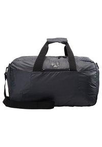 Tummanharmaa suorakulmainen duffel-laukku, jossa on mustat kahvat, irrotettava olkahihna ja vetoketjullinen etutasku.