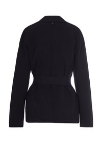 Sort bælte cardigan med en struktureret krave og lange ærmer. Har en glat tekstur og skræddersyet rygdesign.