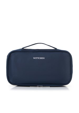 Cofanetto da viaggio rettangolare blu navy realizzato in materiale testurizzato, con manico superiore e chiusura con zip argentata, caratterizzato dal logo "WITTCHEN".