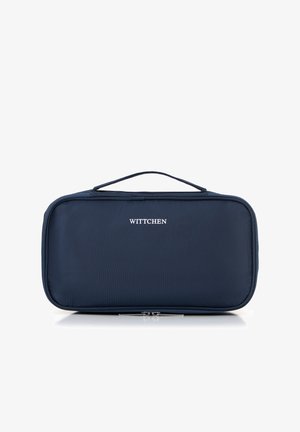 Navyblaue rechteckige Reisetasche aus strukturiertem Material mit einem oberen Griff und silbernem Reißverschluss, ausgestattet mit dem "WITTCHEN"-Logo.