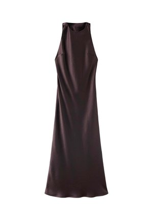 Robe midi sans manches en satin marron foncé, col haut et silhouette trapèze, présentée à plat sur fond blanc.