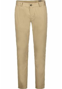 Beige, gerade geschnittene Hosen aus einem Baumwoll-Mischgewebe, mit Knopfverschluss, Gürtelschlaufen und subtiler Textur.