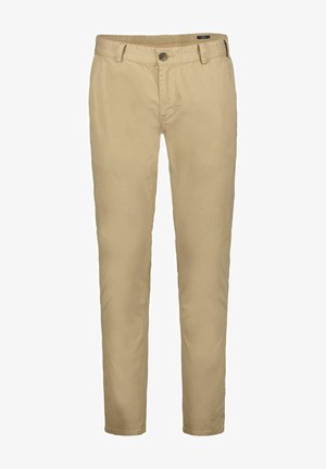 Beige, rechte broek van een katoenmix, met knoopsluiting, riemlussen en subtiele textuur.