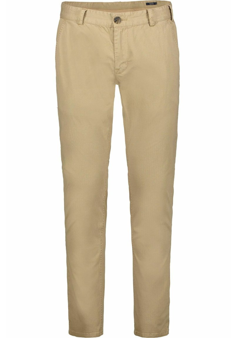 Beige, gerade geschnittene Hosen aus einem Baumwoll-Mischgewebe, mit Knopfverschluss, Gürtelschlaufen und subtiler Textur.