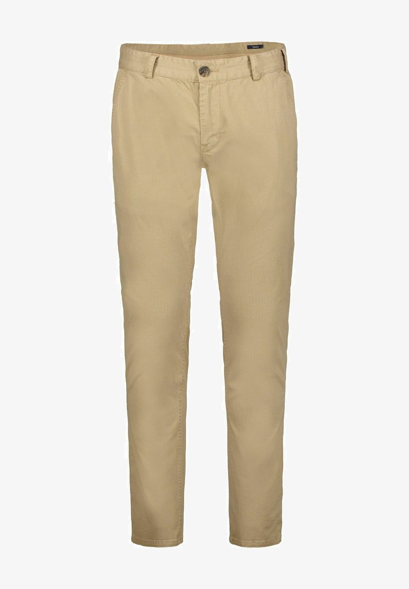 Pantalon beige à jambes droites en mélange de coton, avec fermeture à boutons, passants de ceinture et texture subtile.