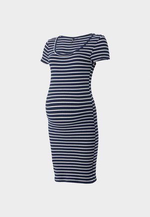Schwangerenkleid in Marineblau mit weißen horizontalen Streifen. Kurze Ärmel, gerippte Textur, figurbetonter Schnitt, knielang.