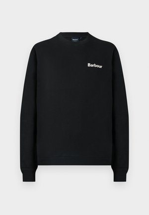 Czarna bluza bawełniana z okrągłym dekoltem i długimi rękawami. Charakterystycznym elementem jest biały napis „Barbour” na piersi.