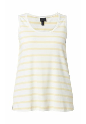 Ärmelloses weißes Tanktop mit hellgelben horizontalen Streifen und einem runden Ausschnitt.