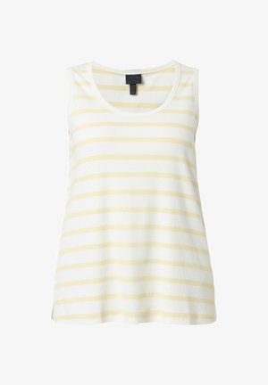 Ärmelloses weißes Tanktop mit hellgelben horizontalen Streifen und einem runden Ausschnitt.