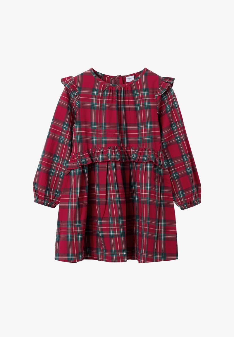 Robe à manches longues à carreaux rouges et verts avec des volants sur la poitrine, les épaules et des poignets élastiques, adaptée pour un enfant.