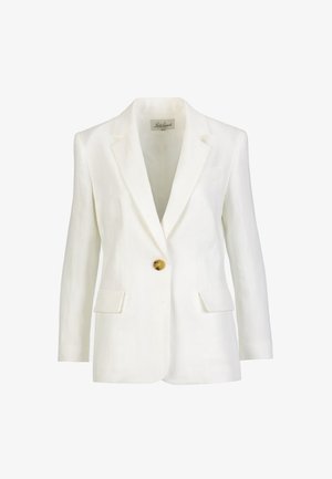Blazer blanc à un bouton avec revers crantés, deux poches à rabat avant et une coupe ajustée, étiqueté "Loro Piana".