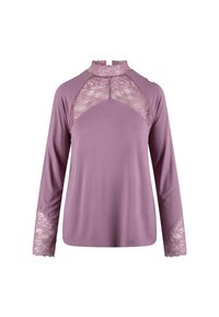 Dugi rukav gornji dio od mekane lavanda tkanine s čipkastim detaljima na ramenima i rukavima, s visokim izrezom i teksturiranim rubom.