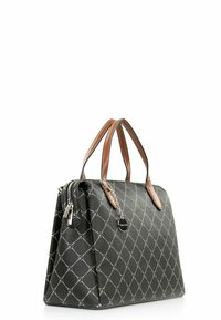 Black handbag with diamond pattern, brown leather handles, and silver zipper detail. Textured material with a structured shape.