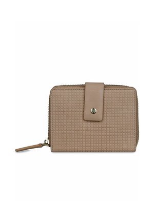 Taupe textured wallet with zip-around closure and a snap button strap on front.