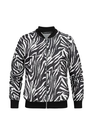 Giacca bomber a righe zebra in bianco e nero con zip frontale, polsini e bordo in costina. Tessuto liscio con maniche lunghe.