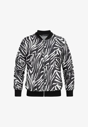 Mustvalge zebra-mustriga bomber-jakk, millel on esine lukuga, soonikust soonikud ja vöökoht. Sile kangas ning pikad varrukad.