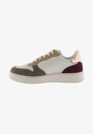 Sneaker with a white leather upper, olive green and beige suede accents, rose gold heel tab, white laces, and textured rubber sole.