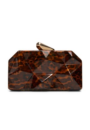 Rectangular tortoiseshell clutch purse with faceted geometric surface and gold-tone clasp on top against white background.