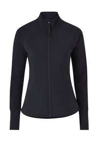 Zwarte zip-up jas met een opstaande kraag, lange mouwen, getailleerde pasvorm, platte naden en zijzakken. Gemaakt van rekbaar, glad materiaal.