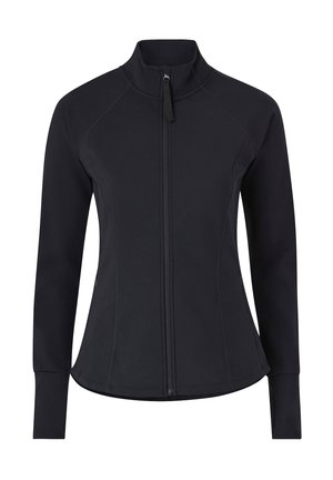 Zwarte zip-up jas met een opstaande kraag, lange mouwen, getailleerde pasvorm, platte naden en zijzakken. Gemaakt van rekbaar, glad materiaal.