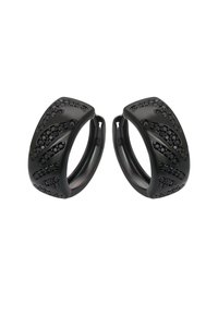 Černé kruhové náušnice s matným povrchem, vystouplými vlnkovými vzory a akcenty s drahokamy. Lehoučké s elegantním, zaobleným designem.