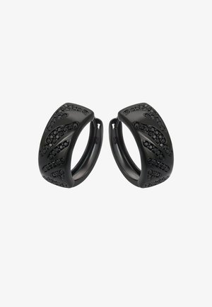 Schwarze Creolen mit mattem Finish und erhabenen Wellenmustern sowie Juweleneinlagen. Leicht und mit einem eleganten, abgerundeten Design.