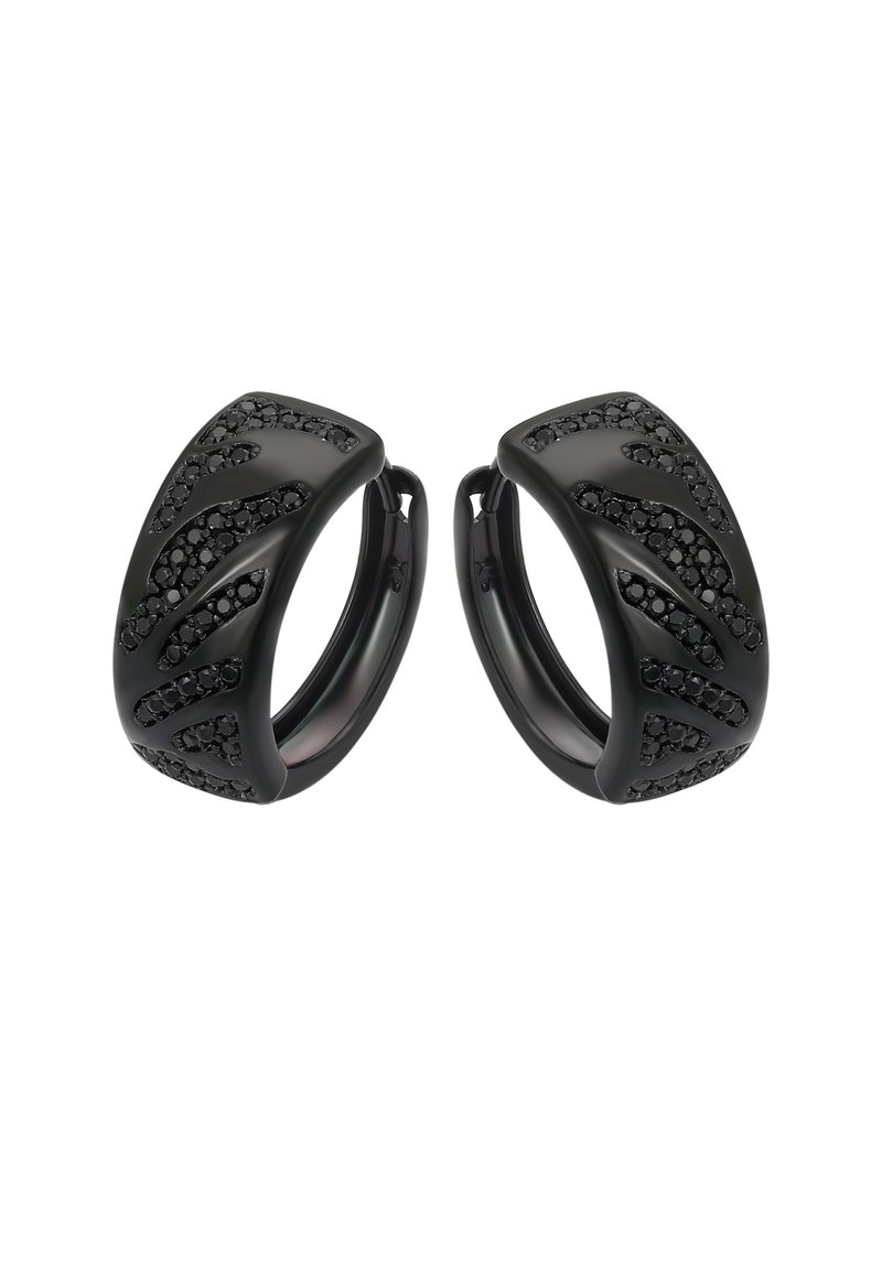 Černé kruhové náušnice s matným povrchem, vystouplými vlnkovými vzory a akcenty s drahokamy. Lehoučké s elegantním, zaobleným designem.