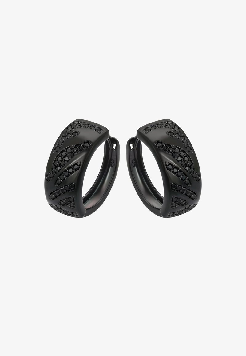 Čierne kruhové náušnice s matným povrchom, zdobené vyvýšenými vlnkovými vzormi a kamienkami. Ľahké, s elegantným a zaobleným dizajnom.