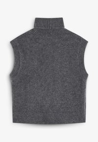 Gray wool sleeveless turtleneck sweater with ribbed collar and hem, showcasing a soft, textured surface. Simple, clean design with no patterns.