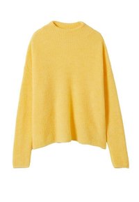 Gelber, strukturierter Pullover mit Rundhalsausschnitt, langen Ärmeln und einem entspannten, cropped Schnitt. Strickstoff mit einem subtilen Rippmuster.