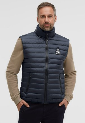 Man wearing navy blue quilted zip-up vest over beige long-sleeve shirt, standing with hands in pockets against plain background.