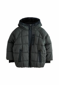 Pufjakke i mørkegrå med hætte, med et kviltet design og flere lynlåslommer. Letvægts og isoleret.