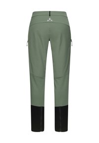 Groene buitenbroek met zwarte onderstukken. Bevat ritszakken en een reflecterend logo op de achterkant. Gemaakt van een lichtgewicht, rekbaar materiaal.