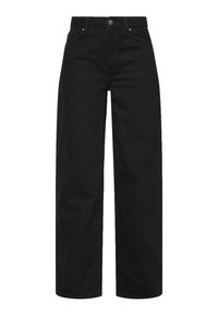 Svarta vida jeans i denim med hög midja, två framfickor och en metallknappstängning. Enkelt mönster, inga dekorer.