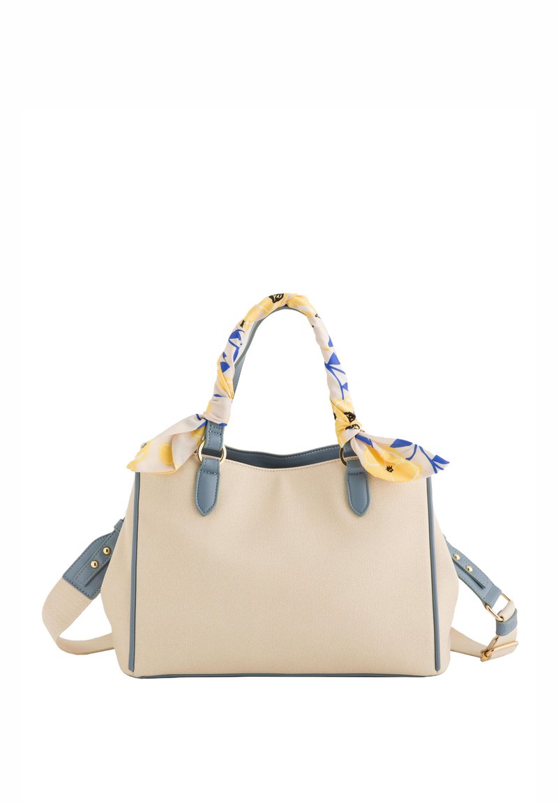 Bolso de lona beige con detalles en cuero azul claro, asas dobles envueltas en una bufanda amarilla con flores y correa de hombro desmontable.