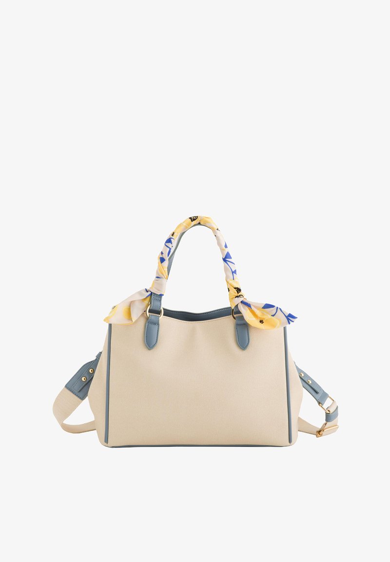 Beige canvas handbag with light blue leather accents, dual handles wrapped in a yellow floral scarf, and removable shoulder strap.