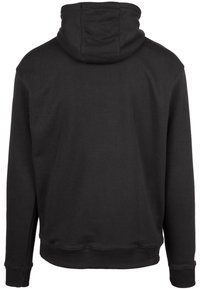 Felpa nera con maniche lunghe, tasca a marsupio e cappuccio con lacci. Tessuto morbido con polsini e orlo a coste. Design semplice, senza accenti aggiuntivi.