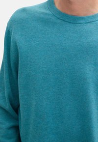 Türkisfarbener Strickpullover mit Rundhalsausschnitt, der eine glatte Textur und gerippte Kanten aufweist. Das Design ist einfach, ohne sichtbare Muster oder Logos.