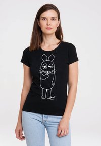 Black T-shirt in cotton featuring a white cartoon rabbit design with long whiskers and cartoonish expression, rounded neckline, and short sleeves.