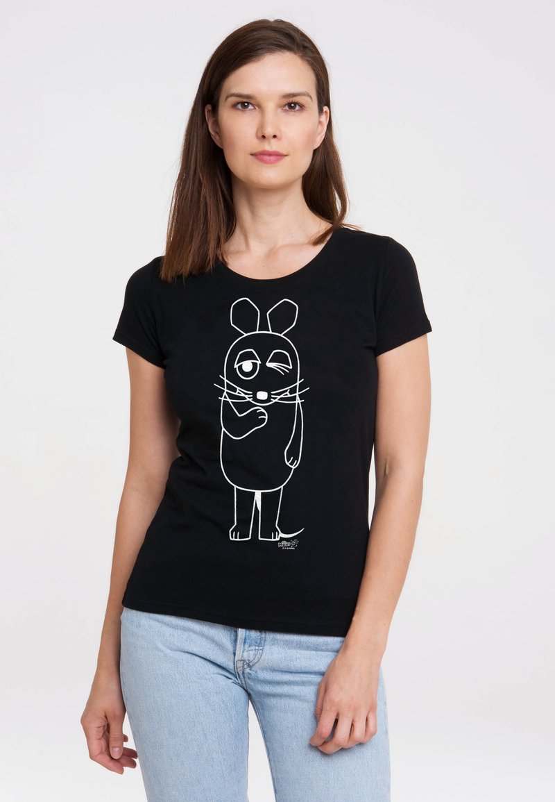 Black T-shirt in cotton featuring a white cartoon rabbit design with long whiskers and cartoonish expression, rounded neckline, and short sleeves.