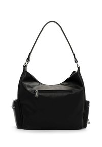 Sac à épaule en cuir noir avec une texture lisse, une seule anse courbée, une poche frontale zippée et des détails zippés sur le côté.