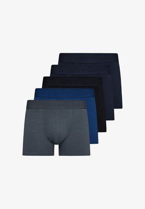 Heren boxer shorts set, bestaande uit vijf kleuren: donkergrijs, blauw, marineblauw, zwart en donkerblauw. Zachte stof met een elastische tailleband en logo.